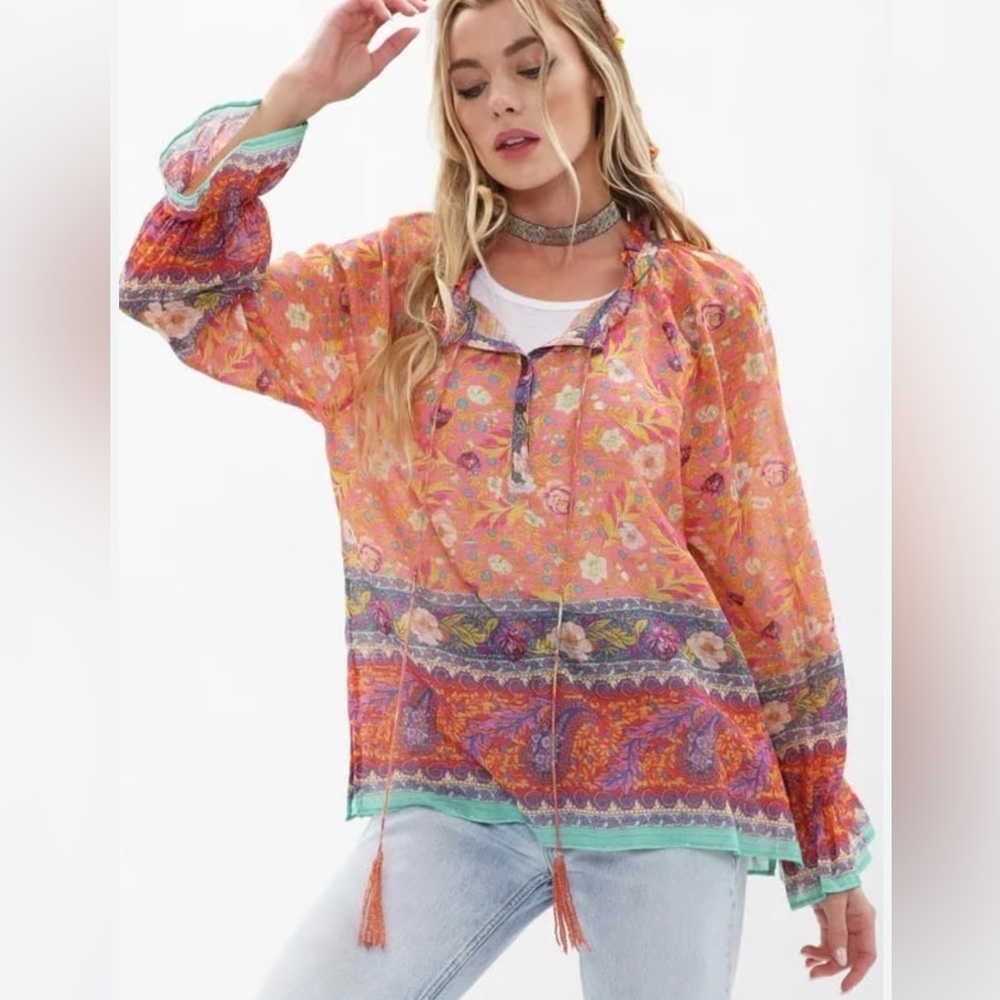 ARATTA WATERCOLOR DREAMS BOHO-Floral Blouse - Orange and Purple